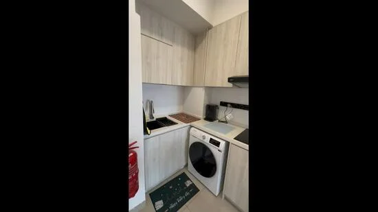 Kitchen features: light wood cabinetry, black countertop, built-in electric stove, built-in oven, white front-loading washing machine, kitchen sink, kitchen mat, fire extinguisher, black backsplash, wall-mounted extractor hood; style: modern.