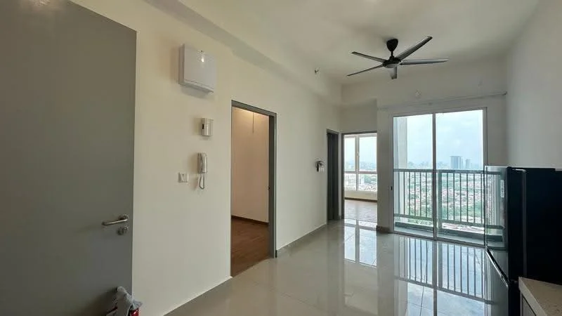 Living features: white painted walls, polished ceramic tile flooring, 5-blade ceiling fan with light, floor-to-ceiling windows, sliding glass door, balcony access, wall-mounted intercom, wall-mounted air conditioning unit, TV console, city view; style: modern; view: city. Room features: white painted walls, laminate flooring.