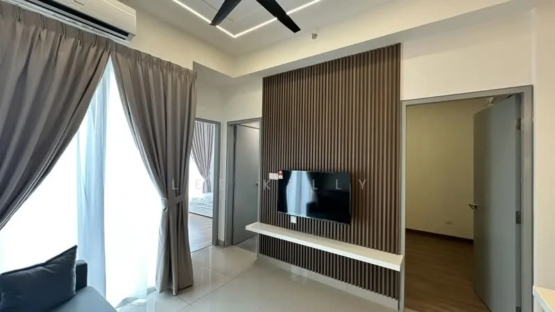 Living features: grey fabric sofa, wall-mounted TV, white floating shelf, light-colored tiled flooring, recessed LED downlights, 5-blade ceiling fan, floor-to-ceiling windows with sheer curtains, wood accent wall with vertical slats, neutral painted walls; style: modern. Room features: doorway leading to another room, doorway leading to bathroom, wooden flooring visible in adjacent room.