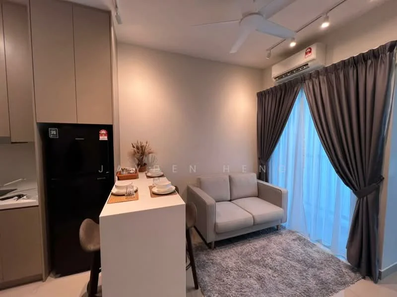 Living features: grey fabric sofa, white kitchen island with bar stools, black refrigerator, recessed downlights, ceiling fan, light grey area rug, floor-to-ceiling windows with sheer curtains, wall-mounted air conditioning unit, decorative table setting; style: modern.