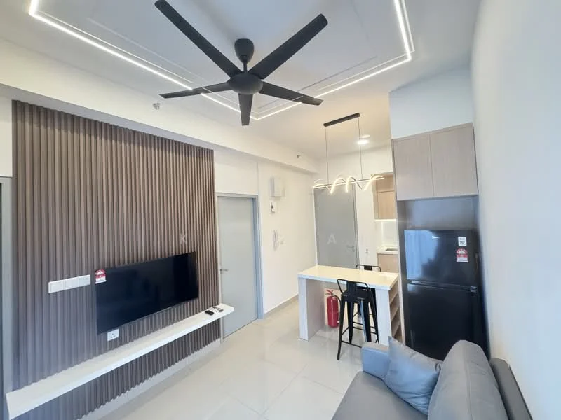 Living features: grey fabric sofa, wall-mounted TV, white TV console, 5-blade ceiling fan with integrated LED light, recessed lighting, wood panel accent wall, open-plan layout, tile flooring; style: modern. Kitchen features: kitchen island with seating, stainless-steel fridge, built-in cabinets, white countertop, pendant lighting; style: modern.