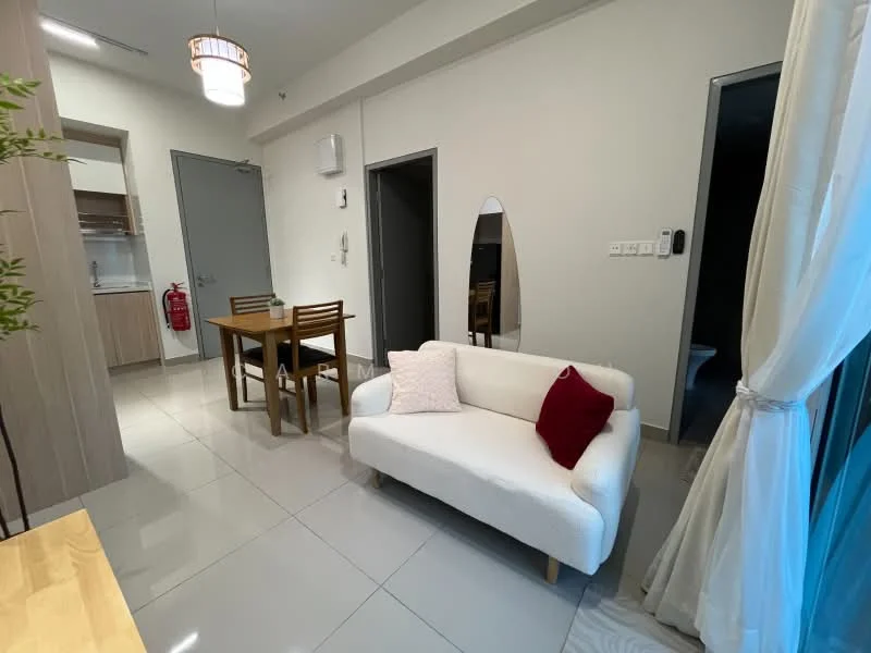 Living features: white fabric sofa, red accent pillow, wooden dining table for four, four wooden dining chairs, grey tiled flooring, white painted walls, recessed ceiling lights, floor-to-ceiling window with sheer curtains, mirror on wall, fire extinguisher mounted on wall, air conditioning unit on wall; style: modern. Kitchen features: wood cabinetry, stainless-steel sink, built-in oven, stove with hood, countertop space; style: modern.