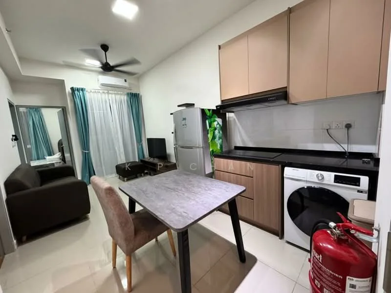 Kitchen features: grey laminate cabinetry, black countertop, stainless-steel fridge, built-in oven, 4-burner gas hob, single-bowl stainless-steel sink, chrome pull-down faucet, washing machine, grey dining table, upholstered dining chairs, 3-blade ceiling fan, white tiled flooring, white painted walls, curtains in teal, fire extinguisher; style: modern. Living features: 2-seater fabric sofa in brown, wall-mounted air conditioning unit; style: modern.