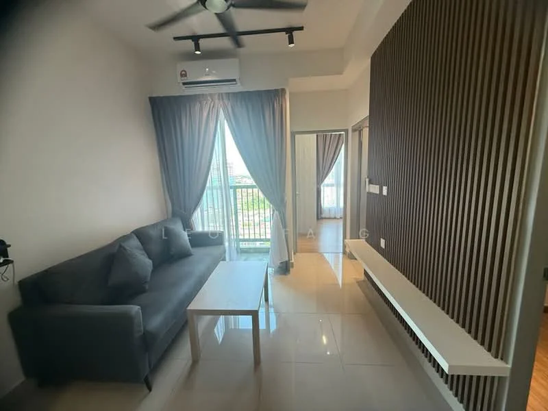 Living features: 3-seater fabric sofa in grey, coffee table, floor-to-ceiling windows, sheer curtains, wall-mounted split AC, light-colored tiled flooring, wood accent wall, recessed downlights, ceiling fan; style: modern; view: city.