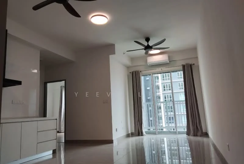Living features: glossy tile flooring, white painted walls, recessed ceiling lights, 5-blade ceiling fan, wall-mounted split AC, floor-to-ceiling windows, sheer curtains, balcony access; style: modern; view: city. Kitchen features: white cabinetry, stainless-steel sink, black countertop, built-in stove, open layout to living area; style: modern.