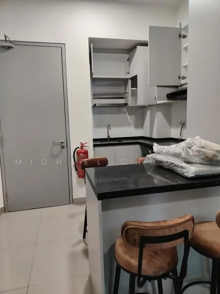 Kitchen features: black granite countertop, white upper cabinets, open shelving, stainless-steel sink, chrome pull-down faucet, fire extinguisher mounted on wall, bar stools, tile flooring, grey painted walls, built-in dish rack; style: modern.
