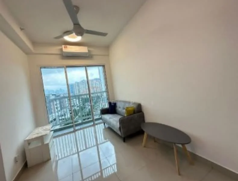 Living features: grey fabric sofa, round coffee table, 5-blade ceiling fan with light, floor-to-ceiling windows, white painted walls, glossy tile flooring, air conditioning unit, city view; style: modern; view: city.