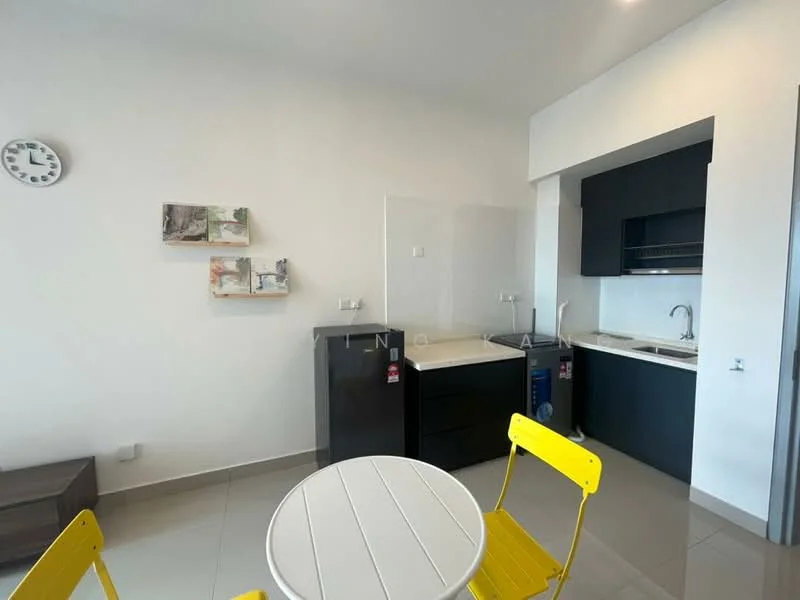 Kitchen features: black cabinetry, white countertop, stainless-steel sink, chrome pull-down faucet, built-in oven, freestanding range oven, ceramic tile flooring, recessed downlights, wall clock, decorative wall art, open shelving; style: modern. Dining features: round white dining table, yellow metal chairs; style: modern.