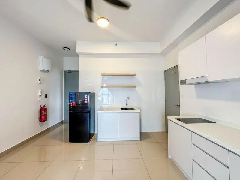 Kitchen features: white cabinetry, black countertop, single-bowl stainless-steel sink, chrome pull-down faucet, built-in stove, stainless-steel fridge, open shelving, tile flooring, wall-mounted split AC, fire extinguisher, door to hallway, light fixture with ceiling fan; style: modern.