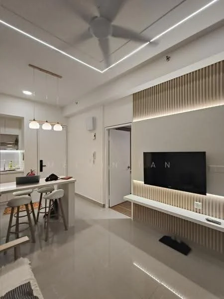 Living features: 5-blade ceiling fan with integrated LED light, wall-mounted TV, light wood feature wall, white painted walls, recessed LED strip lighting, glossy tile flooring, open-plan layout, bar stools, pendant lighting with three bulbs, neutral color palette; style: modern. Kitchen features: white cabinetry, stainless-steel appliances, kitchen island, open shelving, countertop with bar seating; style: modern.