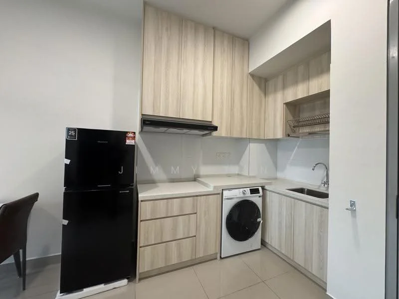 Kitchen features: light wood cabinetry, white countertop, stainless-steel sink, chrome pull-down faucet, built-in oven, black fridge, front-load washing machine, white tiled backsplash, ceramic tile flooring, exhaust hood; style: modern.