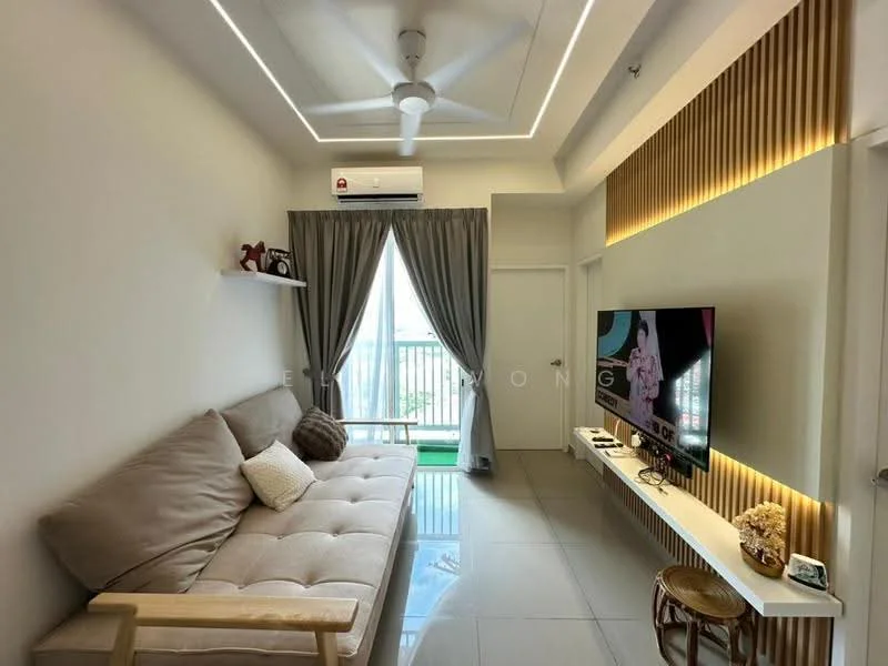 Living features: beige fabric sofa, 5-blade ceiling fan with integrated LED light, wall-mounted TV, TV console, recessed lighting, curtains, sliding glass door, tile flooring, decorative wall paneling, air conditioning unit; style: modern; view: garden.