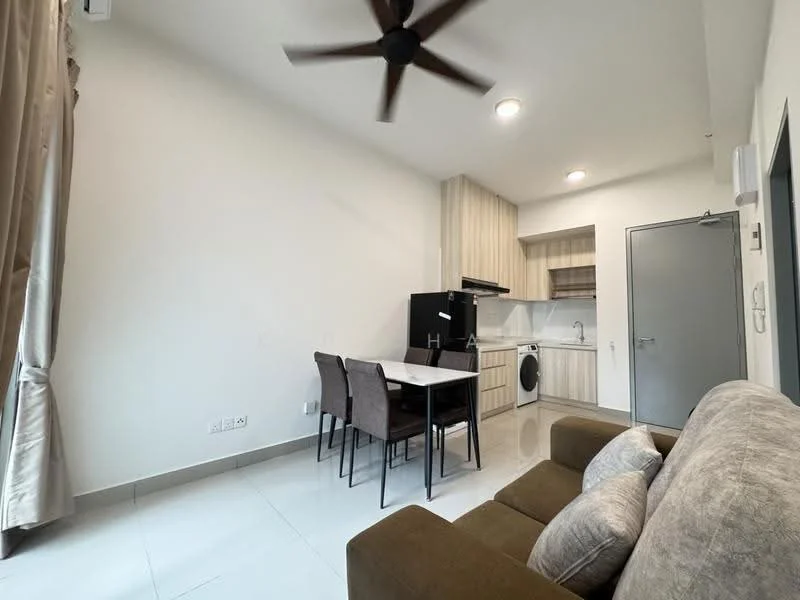 Living features: 5-blade ceiling fan, sofa in beige fabric, dining table for 4, 4 upholstered dining chairs, white walls, light-colored cabinetry, black refrigerator, built-in oven, stainless-steel sink, washing machine, ceramic tile flooring, recessed lighting; style: modern.