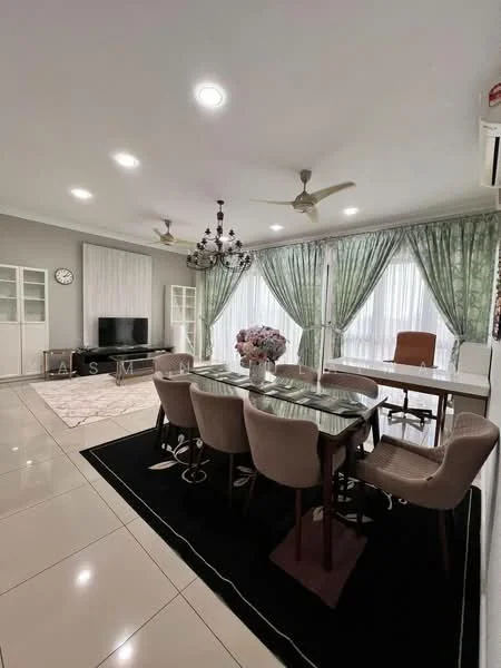 Dining features: 8-seater dining table, upholstered dining chairs, chandelier, 5-blade ceiling fan, recessed downlights, floor-to-ceiling windows with sheer curtains, grey painted walls, white cabinetry, black area rug, decorative wall clock, TV console, coffee table; style: modern. Living features: sofa, TV console, recessed downlights, 5-blade ceiling fan, decorative wall clock, grey painted walls, floor-to-ceiling windows with sheer curtains; style: modern.