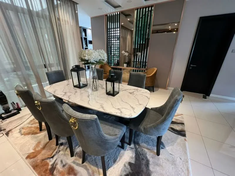 Dining features: oval marble dining table, 6 upholstered dining chairs in grey, decorative table centerpieces with flowers, 2 lantern-style candle holders, area rug with abstract pattern, floor-to-ceiling windows with sheer curtains, wooden accent wall with vertical slats, recessed ceiling lights; style: modern.