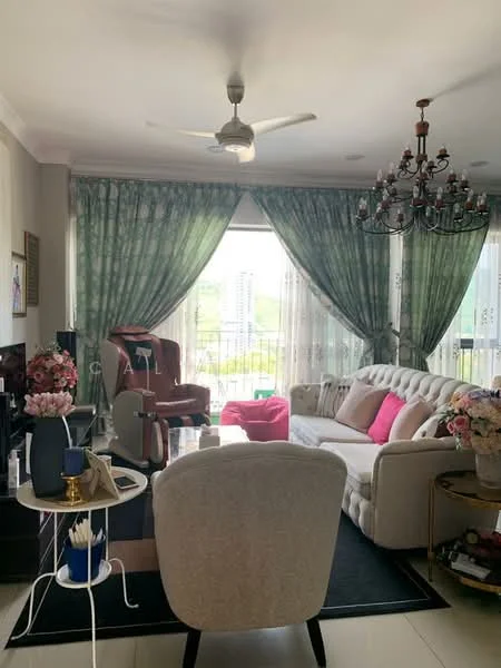 Living features: 3-seater fabric sofa in cream, pink accent cushions, chandelier with multiple lights, 5-blade ceiling fan, floor-to-ceiling windows, sheer curtains in green, drapery in green floral pattern, area rug in black, decorative side table, potted flowers, armchair in beige, pink accent chair; style: contemporary; view: city.