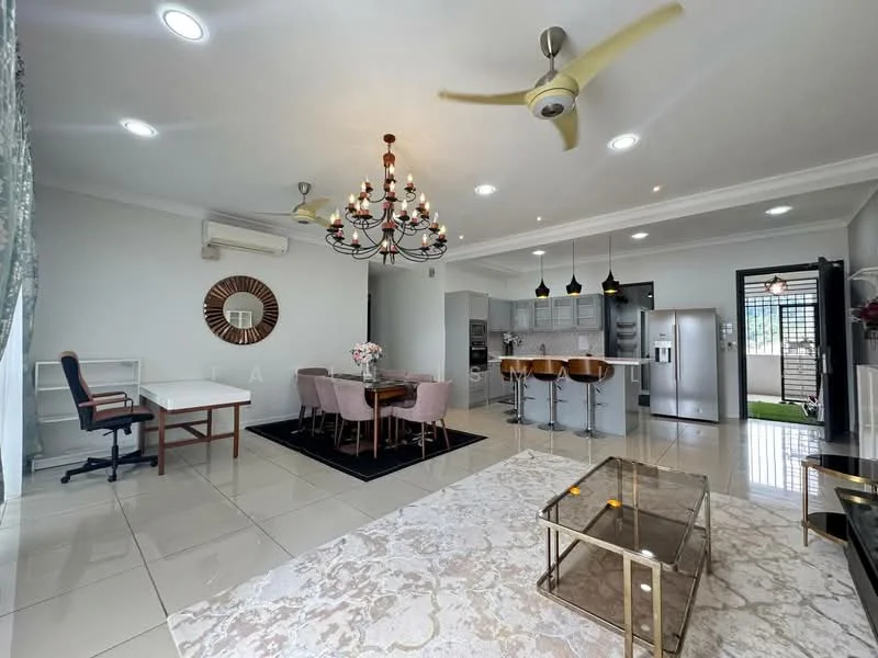 Living features: white painted walls, glossy tile flooring, 5-blade ceiling fan with light, chandelier, floor-to-ceiling windows, sliding glass door, area rug with geometric pattern, coffee table with gold accents, sofa with upholstered seating, dining table with upholstered chairs, bar stools at kitchen island, built-in cabinetry, recessed LED downlights, decorative mirror; style: modern; view: garden.