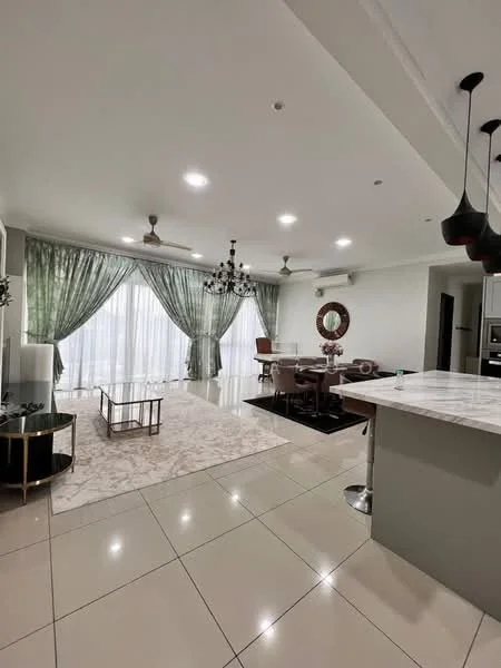 Living features: white painted walls, marble tile flooring, 5-blade ceiling fan with light, chandelier, floor-to-ceiling windows with sheer curtains, blackout curtains, area rug with geometric pattern, coffee table, dining table with upholstered chairs, decorative mirror, wall-mounted air conditioning unit, open shelving unit, decorative plants; style: modern; view: city.
