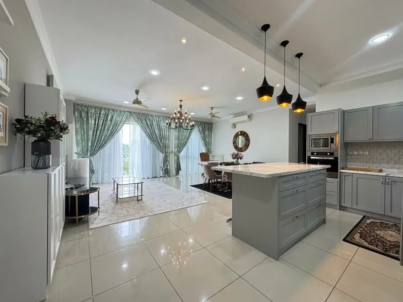 Living features: white painted walls, glossy tile flooring, 5-blade ceiling fan with light, chandelier, floor-to-ceiling windows, sheer curtains, area rug with geometric pattern, coffee table, sofa, dining table with chairs, built-in cabinetry, recessed downlights; style: modern; view: garden. Kitchen features: grey cabinetry, white marble countertop, stainless-steel built-in oven, stainless-steel microwave, stainless-steel range hood, 4-burner gas hob, double-bowl stainless-steel sink, chrome pull-down faucet; style: modern.