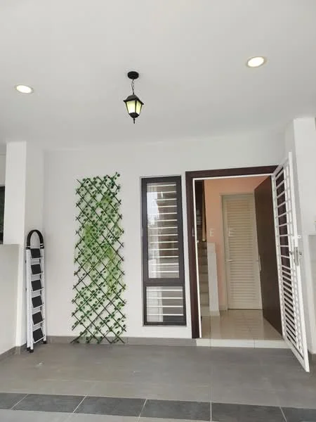 Room features: white painted walls, grey tiled flooring, hanging lantern light fixture, recessed ceiling lights, greenery trellis on wall, sliding glass door, metal grille door, door with horizontal slats, open space layout; style: modern.