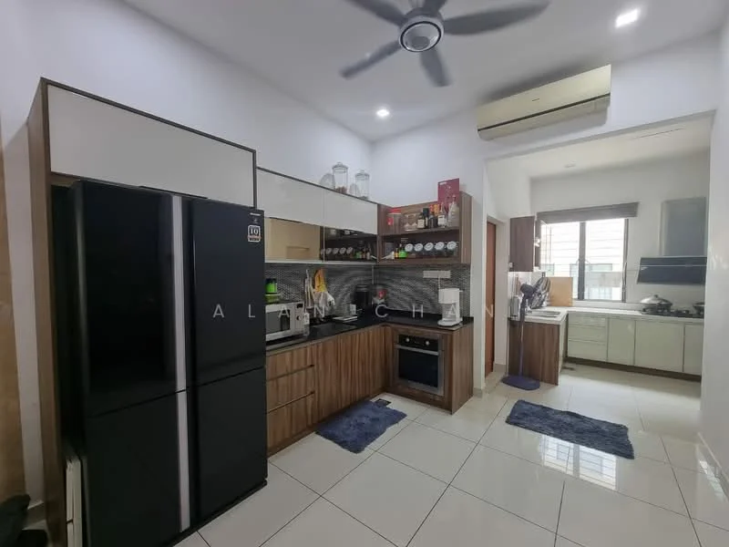 Kitchen features: black double-door fridge, built-in oven, freestanding range oven, white ceramic sink, chrome pull-down faucet, laminate countertop, dark wood cabinetry, tile backsplash, recessed downlights, 5-blade ceiling fan, white walls, glossy tile flooring; style: modern.