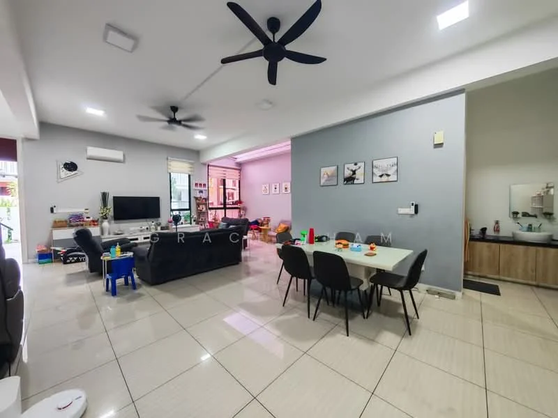 Living features: 2 ceiling fans, wall-mounted TV, black leather sofa, coffee table, area rug, large windows with sheer curtains, tile flooring, recessed lighting, decorative wall art; style: modern; view: garden. Dining features: 6-seater dining table, black dining chairs, pendant lighting, open layout, tile flooring; style: modern. Kitchen features: wood cabinetry, sink, countertop, built-in appliances, tile backsplash, tile flooring; style: modern.