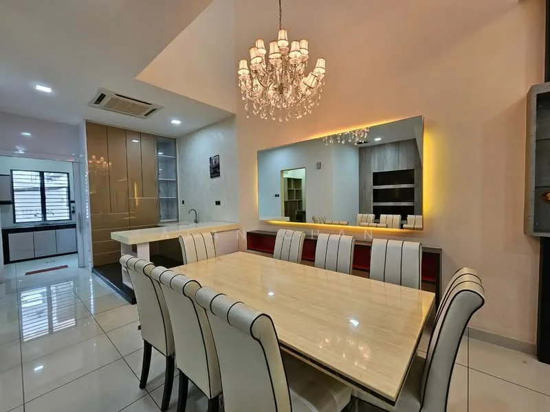 Dining features: 8-seater dining table with marble top, upholstered dining chairs with white leather, chandelier with multiple bulbs, wall-mounted mirror with backlighting, recessed ceiling lights, white painted walls, glossy tile flooring, open layout to kitchen area, built-in cabinetry with glass doors; style: modern. Kitchen features: kitchen island with countertop, stainless-steel sink, built-in cabinets, modern appliances, open layout to dining area; style: modern.