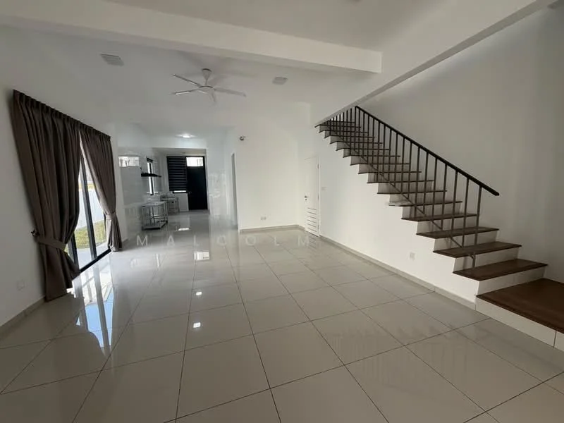 Living features: white painted walls, glossy ceramic tile flooring, 5-blade ceiling fan, large sliding glass door, floor-to-ceiling windows, curtains, staircase with wooden steps and metal railing, recessed downlights; style: modern; view: garden.
