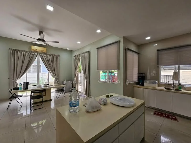 Kitchen features: white cabinetry, marble countertop, stainless-steel sink, chrome pull-down faucet, built-in kitchen appliances, recessed LED downlights, 5-blade ceiling fan, large windows with sheer curtains, tile flooring, open layout, kitchen island, water bottle on countertop; style: modern; view: garden. Dining features: dining table, foldable chairs, natural light from windows; style: modern; view: garden.