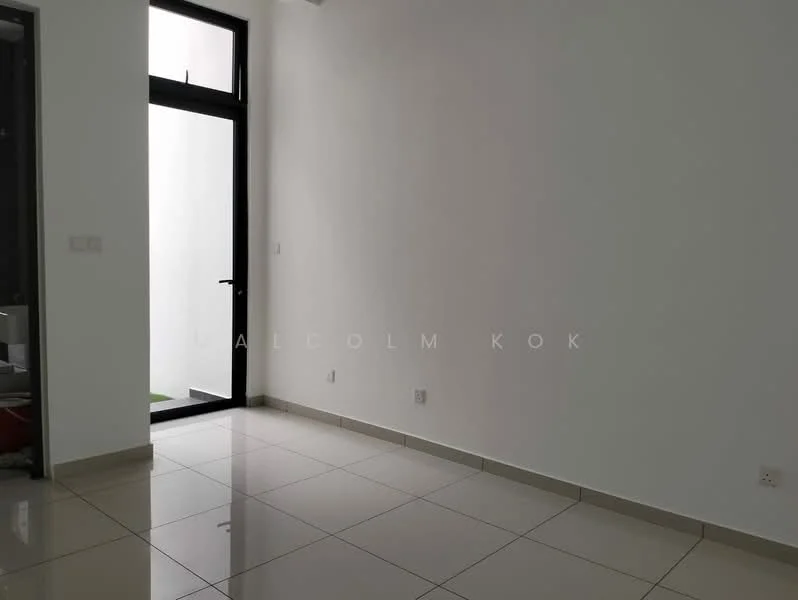 Room features: white painted walls, glossy ceramic tile flooring, black framed glass door, large window, minimalist design, neutral color palette; style: modern.