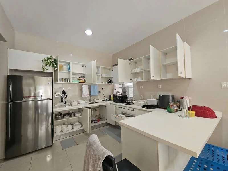 Kitchen features: stainless-steel fridge, white cabinetry, open shelving, white countertop, built-in oven, sink, kitchen island with seating, ceramic tile flooring, recessed ceiling lights, wall-mounted kitchen accessories, dish rack, microwave, kettle, blender; style: modern.