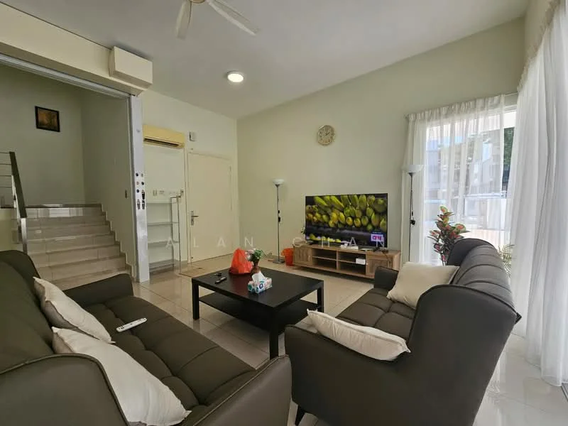 Living features: 3-seater fabric sofa in dark grey, 2-seater fabric sofa in beige, coffee table, wall-mounted TV, floor-to-ceiling windows with sheer curtains, light-colored walls, tile flooring, ceiling fan, decorative wall clock, indoor plants in pots; style: modern; view: garden.