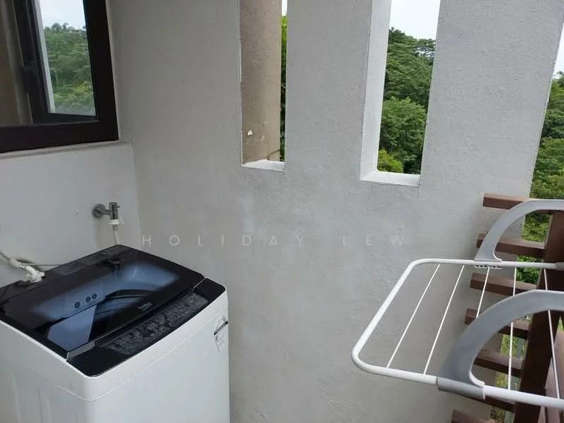 Laundry features: washing machine, white painted walls, balcony railing, outdoor drying rack, view of greenery; view: garden.