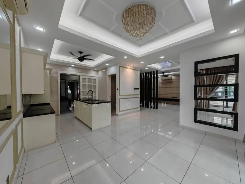 Living features: white painted walls, glossy white tile flooring, tray ceiling with recessed lighting, chandelier, 5-blade ceiling fan, large windows with sheer curtains, open layout, built-in shelving unit, black accent wall, kitchen island with black countertop, wall-mounted TV, decorative wall paneling; style: modern. Kitchen features: white cabinetry, black granite countertop, stainless-steel sink, built-in oven, freestanding range oven, microwave, open shelving, tile backsplash; style: modern.