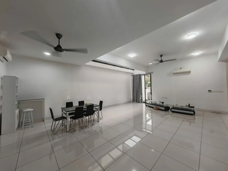 Living features: white painted walls, polished ceramic tile flooring, recessed downlights, 2 ceiling fans, large windows, curtains, dining table with 6 chairs, open layout, air conditioning unit, sliding glass door; style: modern.