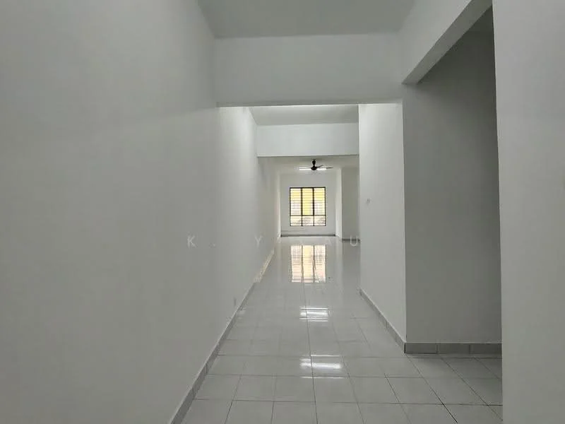 Room features: white painted walls, glossy ceramic tile flooring, ceiling with recessed lighting, window with grid pattern, neutral color scheme, open layout, high ceiling, no visible furniture; style: modern.