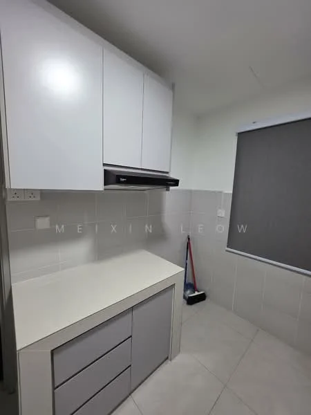 Kitchen features: white cabinetry with flat-panel doors, grey lower cabinets, white countertop, stainless-steel range hood, ceramic tile backsplash, light grey tile flooring, window with roller blind, built-in wall cabinets, clean and modern design; style: modern.