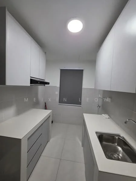 Kitchen features: white cabinetry, grey countertop, stainless-steel sink, chrome faucet, built-in oven, tile backsplash, white tiled walls, grey tiled flooring, recessed ceiling light, window with roller blind; style: modern.
