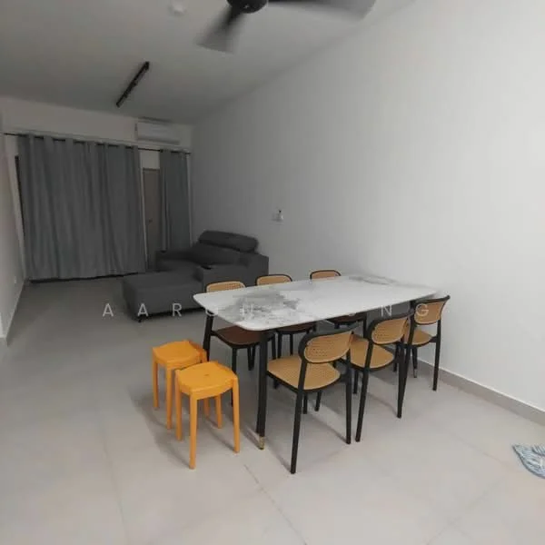 Dining features: white marble dining table, 8 black dining chairs, 4 orange stools, grey wall with curtains, light grey sofa, ceiling fan, light grey tiled flooring, air conditioning unit on wall; style: modern.