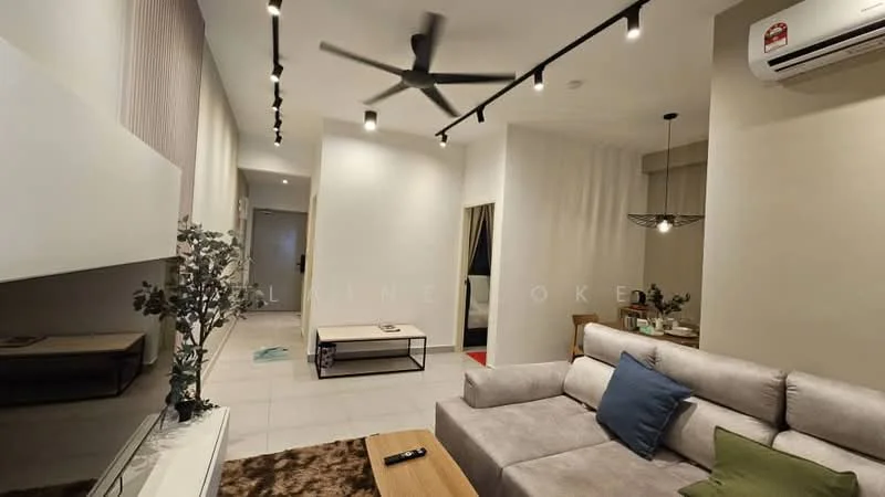 Living features: 3-seater fabric sofa in light grey, blue decorative cushion, wood coffee table, wall-mounted TV, TV console, area rug with geometric pattern, recessed LED downlights, 5-blade ceiling fan with light, cream painted walls, tile flooring, open layout, decorative wall paneling; style: modern.