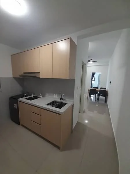 Kitchen features: light wood cabinetry, white countertop, built-in gas hob, single-bowl stainless-steel sink, black refrigerator, grey tiled backsplash, recessed ceiling lights, polished ceramic tile flooring; style: modern. Room features: open layout, dining area visible in background.