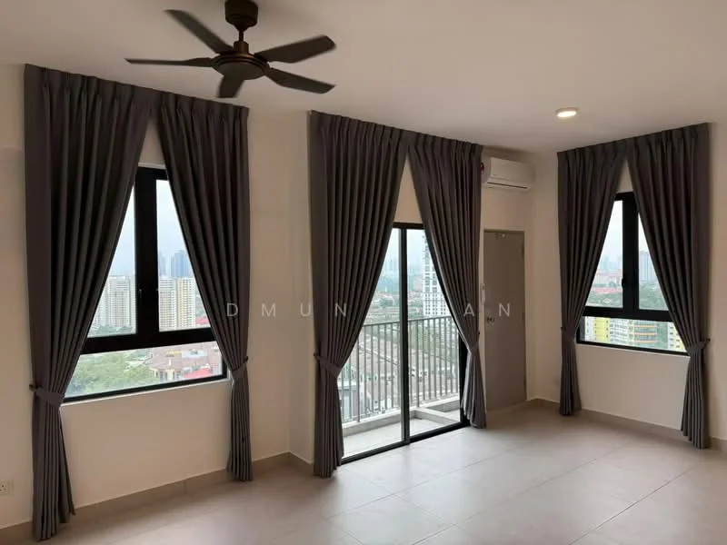 Living features: grey curtains, floor-to-ceiling windows, sliding glass door, 5-blade ceiling fan, light-colored walls, tile flooring, recessed downlights, balcony view, air conditioning unit; style: modern; view: city.