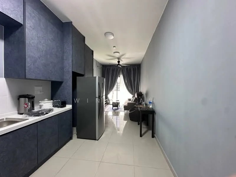Kitchen features: blue cabinetry, white countertop, stainless-steel fridge, built-in oven, ceramic tile flooring, recessed downlights, single-bowl stainless-steel sink, chrome pull-down faucet; style: modern. Living features: 2-seater fabric sofa, coffee table, floor-to-ceiling windows with sheer curtains, ceiling fan, wall-mounted TV, decorative wall with light blue paint; style: modern.