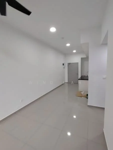 Room features: white painted walls, glossy ceramic tile flooring, recessed LED downlights, ceiling fan, open layout, doorway leading to another room, corner with visible utility area, neutral color scheme; style: modern.