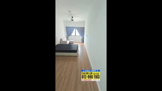 Room features: laminate flooring, white painted walls, ceiling fan, window with blue curtains, single bed frame, armchair, natural light from window; style: modern.