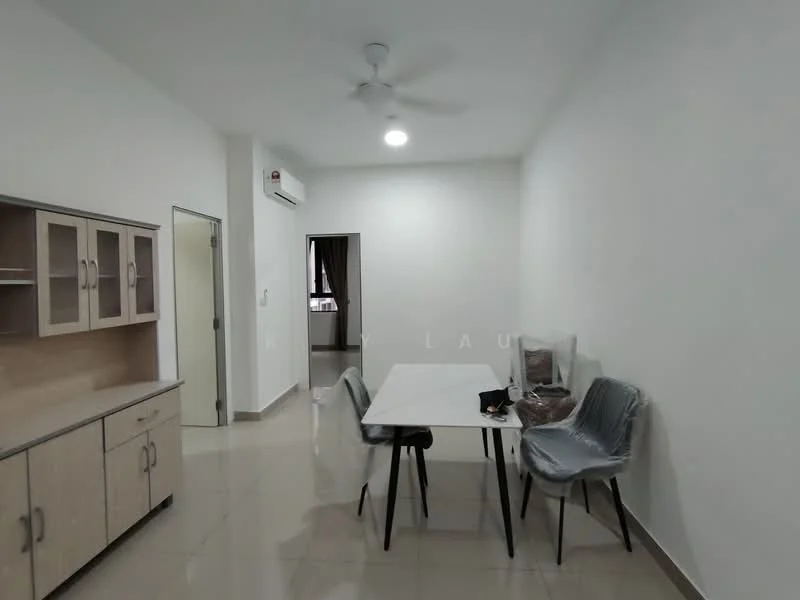 Dining features: white painted walls, glossy ceramic tile flooring, 5-blade ceiling fan, dining table with four chairs, wooden sideboard with glass-front cabinets, wall-mounted air conditioning unit; style: modern.