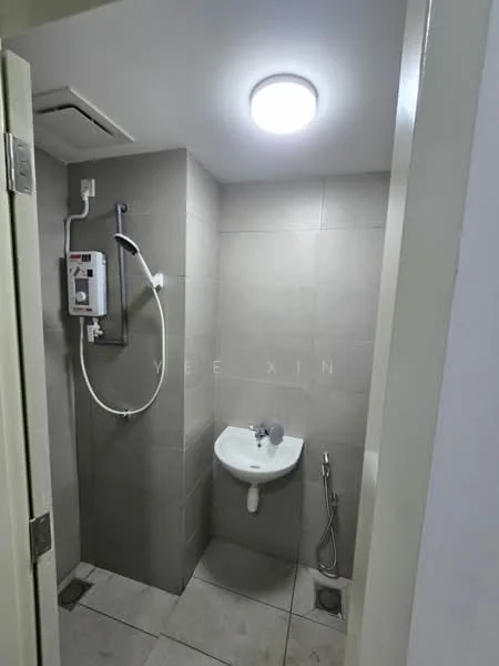 Bathroom features: grey tiled walls, light grey tiled flooring, shower with handheld showerhead, wall-mounted water heater, white wall-mounted toilet, bidet spray, ceiling light fixture; style: modern.