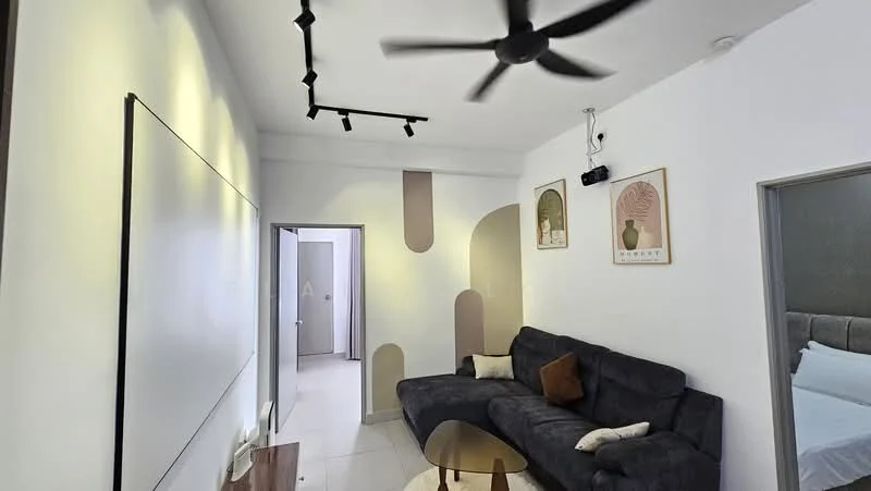 Living features: 3-seater fabric sofa in dark grey, round coffee table, 5-blade ceiling fan, track lighting, white painted walls, accent wall with abstract design, wall-mounted TV, decorative wall art, tile flooring; style: modern. Room features: doorway leading to another room, neutral wall color, light-colored flooring.