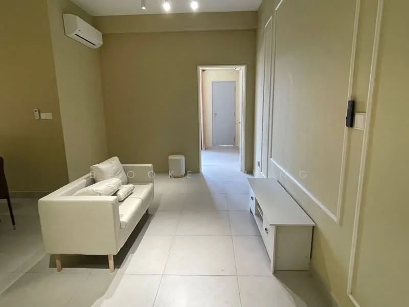 Living features: white fabric sofa, light-colored walls, recessed ceiling lights, wall-mounted air conditioning unit, light-colored tile flooring, TV console, decorative wall paneling, open space layout; style: modern. Room features: doorway leading to another room, light-colored walls, tile flooring.