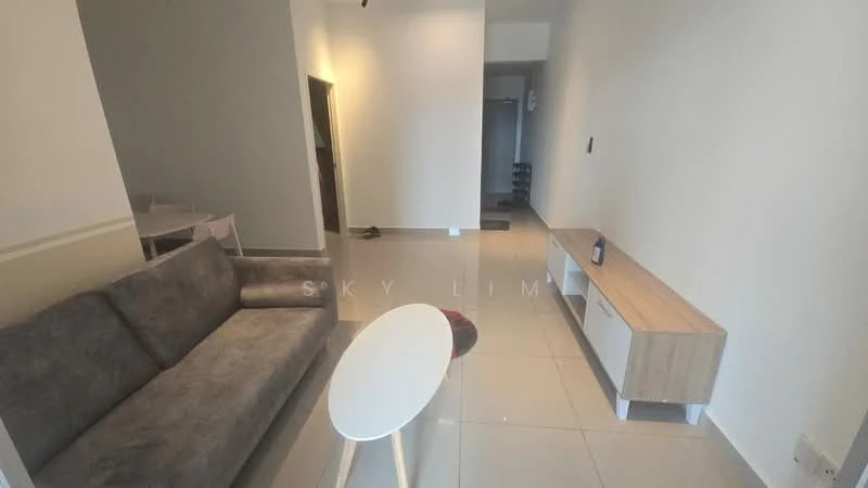 Living features: grey fabric sofa, round white coffee table, light-coloured sideboard, white painted walls, glossy tile flooring, recessed lighting, open layout, neutral decor; style: modern.